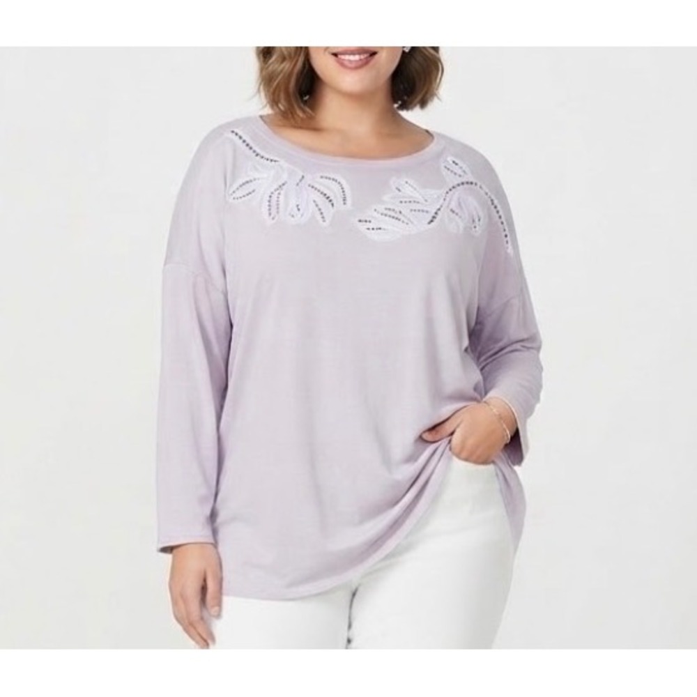 J. Jill XL Lavender Cotton Eyelet Lace Yoke Drop Shoulder Oversized Top